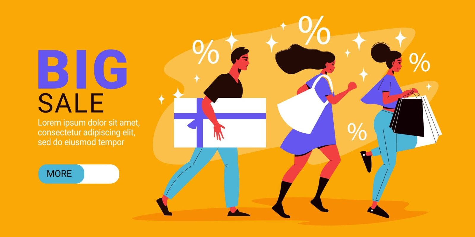 Big sale promotion horizontal banner with three characters holding shopping bag and box flat on bright background vector illustration